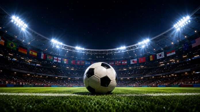 2026 Dünya Kupası açılış maçını simgeleyen futbol topu ve tribünlerde ülke bayrakları
